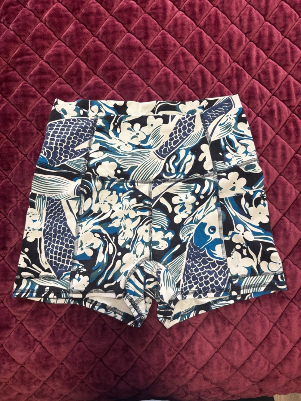 Free People Blue and White Koi Print Athletic Shorts